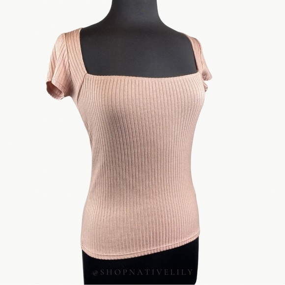 Reformation Women's Bardot Ribbed Knit Square Neck Top Sz Medium, Blush Pink - Picture 2 of 15